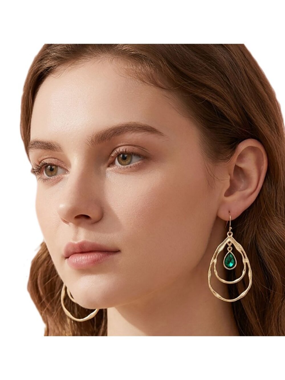 Tigerstars Emerald Teardrop Layered Double Hoop Drop Earrings